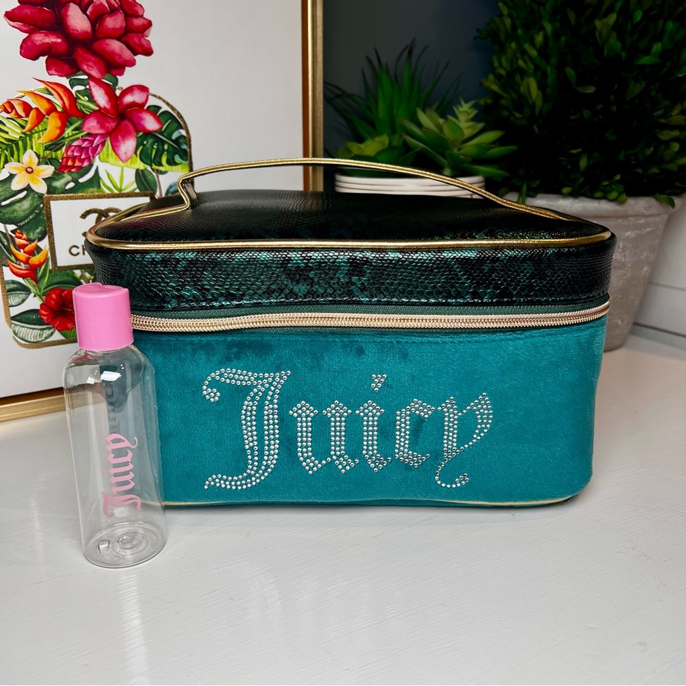 Juicy Couture Teal Velvet Snake Print Cosmetic Bag Gold Trim Rhinestones - Picture 10 of 10
